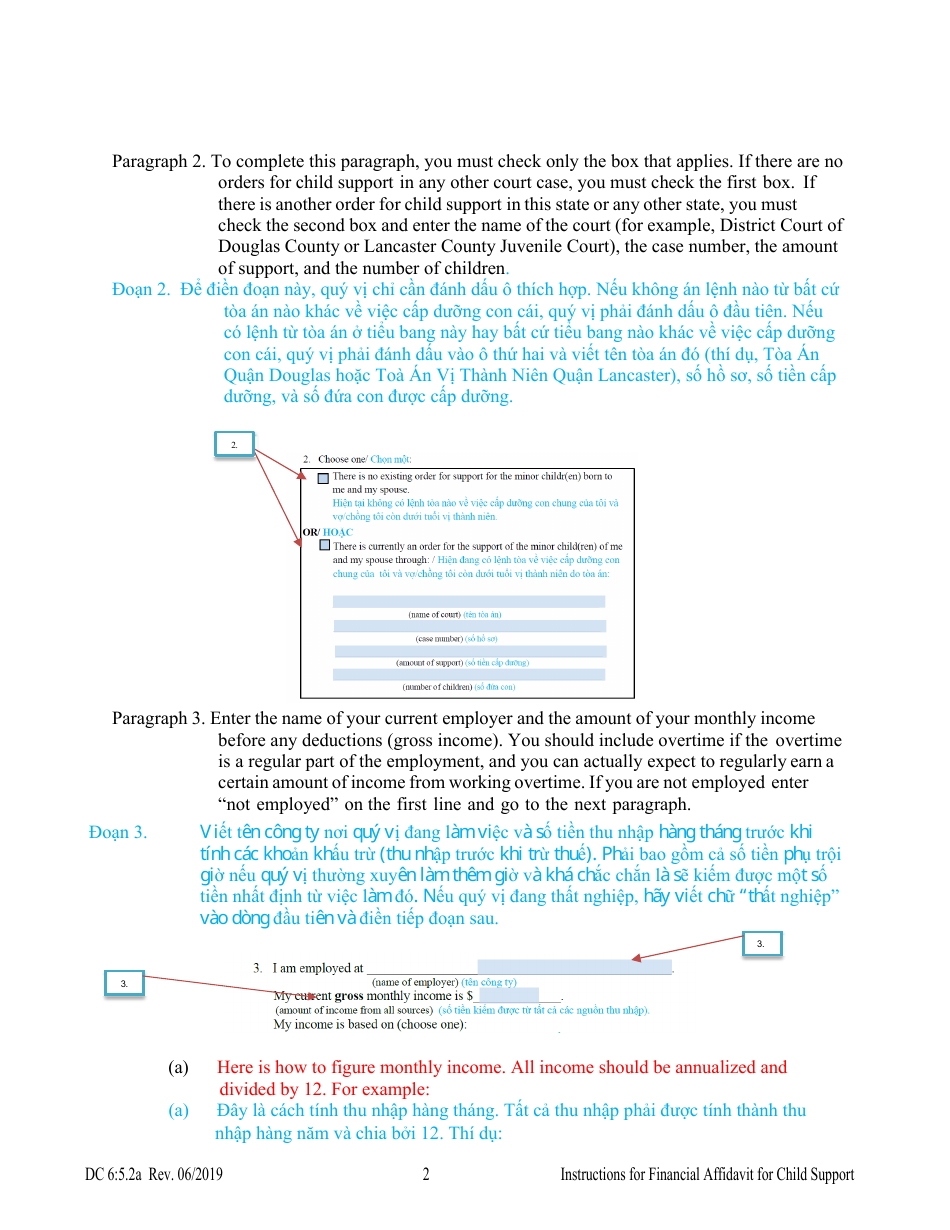 Instructions for Form DC6:5.2 Financial Affidavit for Child Support - Nebraska (English / Vietnamese), Page 2