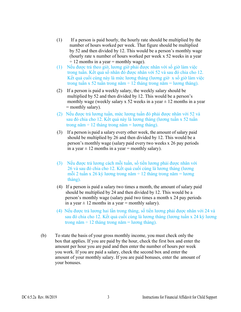 Instructions for Form DC6:5.2 Financial Affidavit for Child Support - Nebraska (English / Vietnamese), Page 3