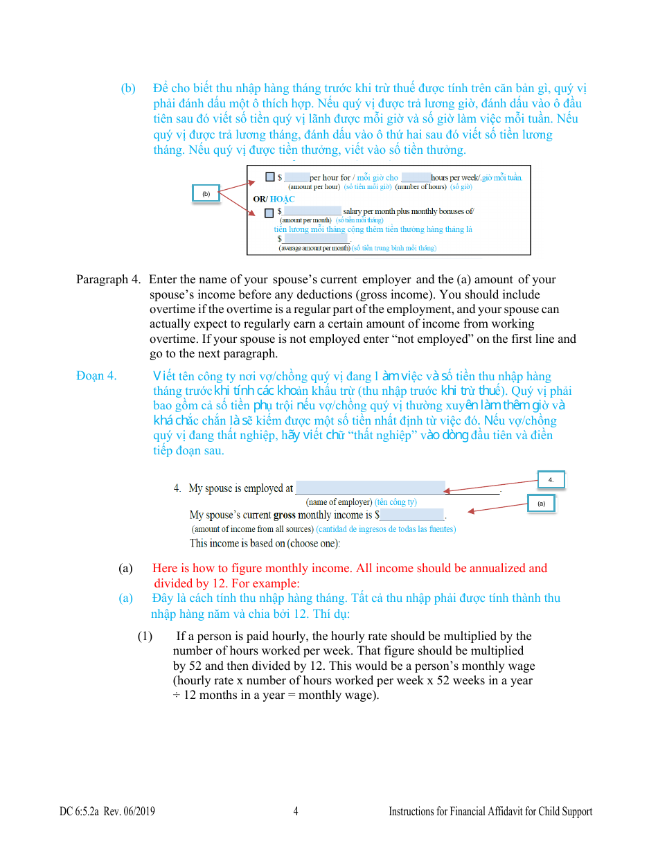 Instructions for Form DC6:5.2 Financial Affidavit for Child Support - Nebraska (English / Vietnamese), Page 4