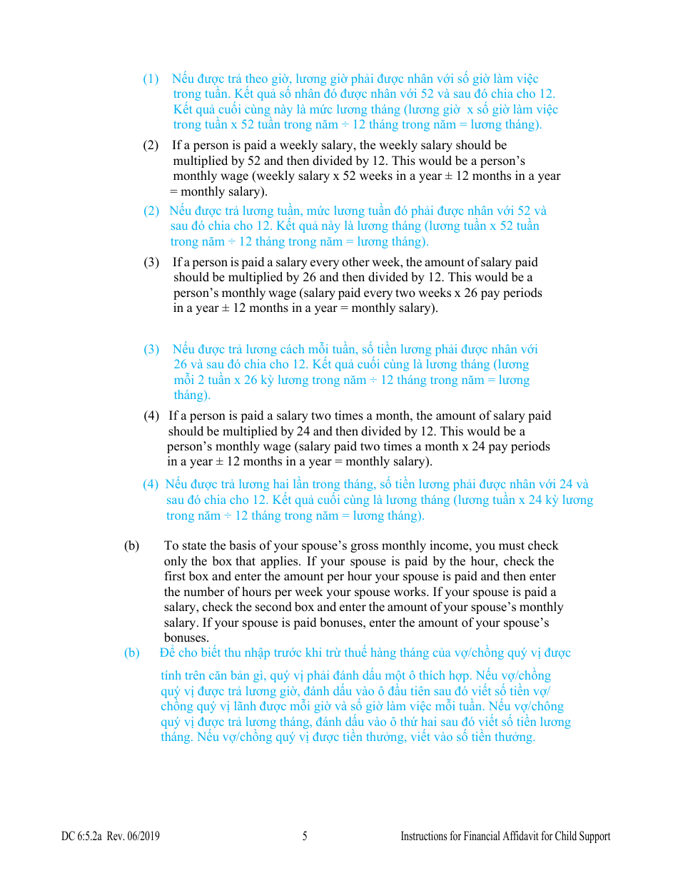 Instructions for Form DC6:5.2 Financial Affidavit for Child Support - Nebraska (English / Vietnamese), Page 5