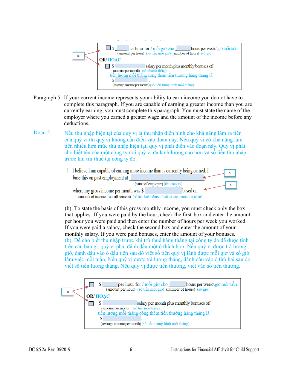 Instructions for Form DC6:5.2 Financial Affidavit for Child Support - Nebraska (English / Vietnamese), Page 6