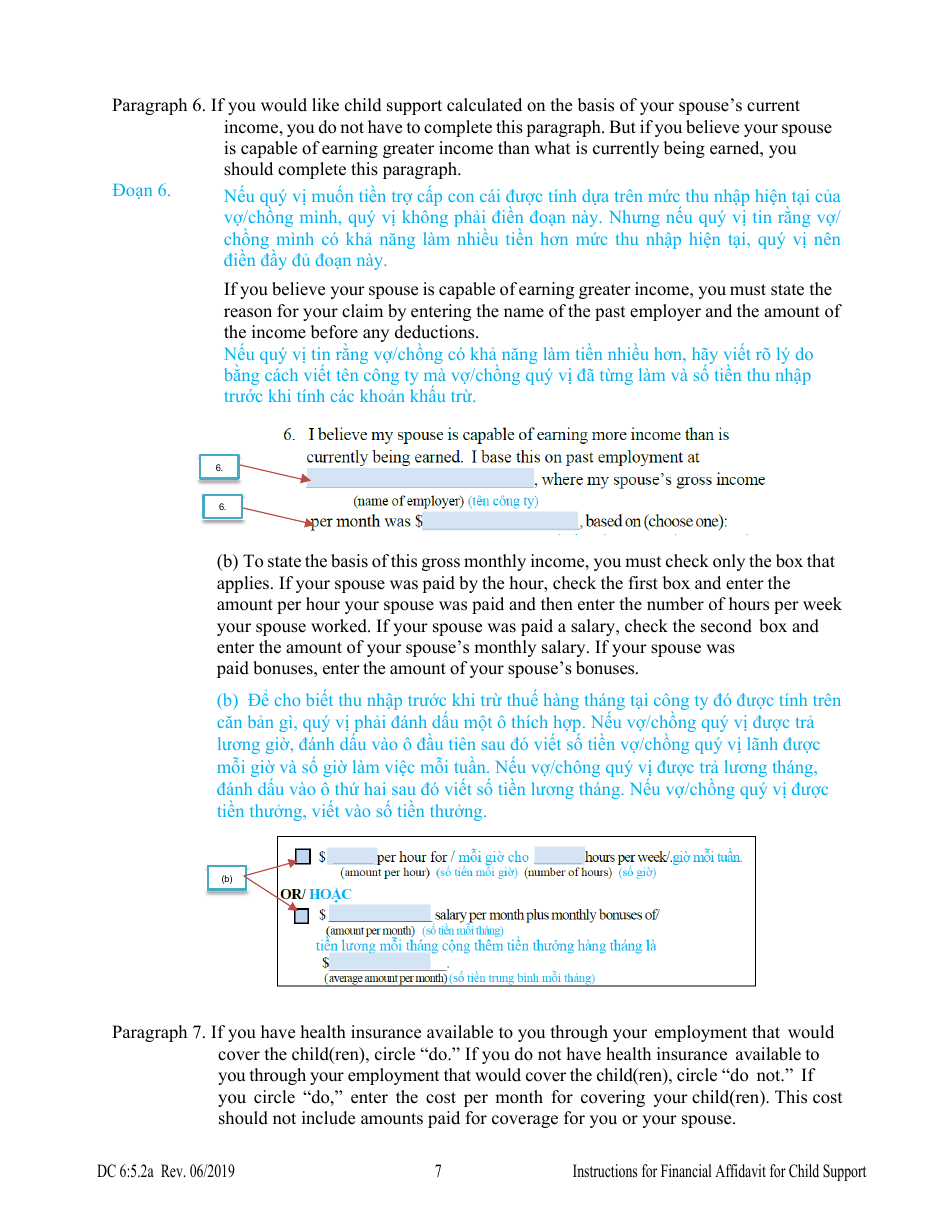 Instructions for Form DC6:5.2 Financial Affidavit for Child Support - Nebraska (English / Vietnamese), Page 7