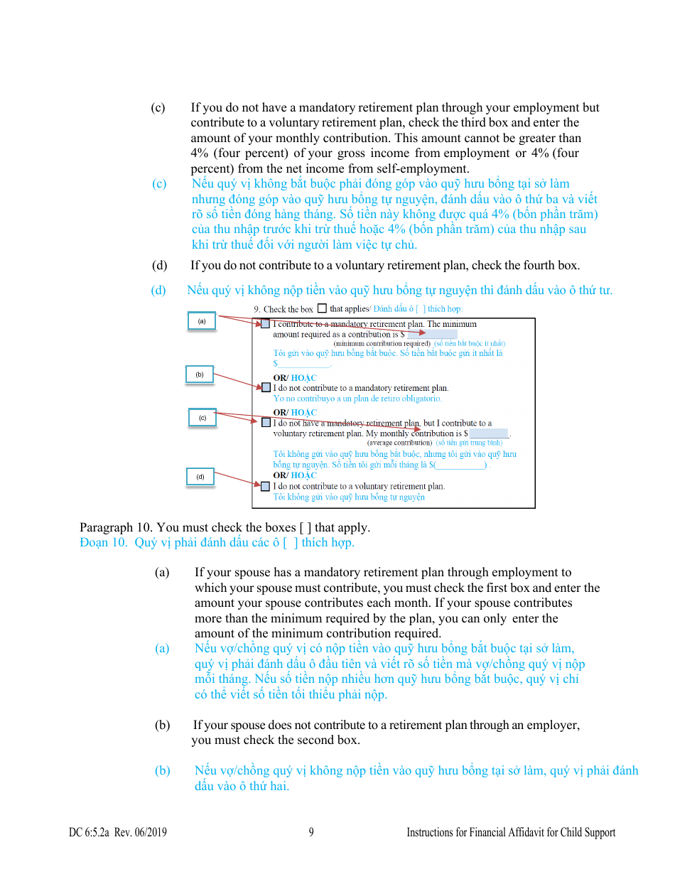 Instructions for Form DC6:5.2 Financial Affidavit for Child Support - Nebraska (English / Vietnamese), Page 9