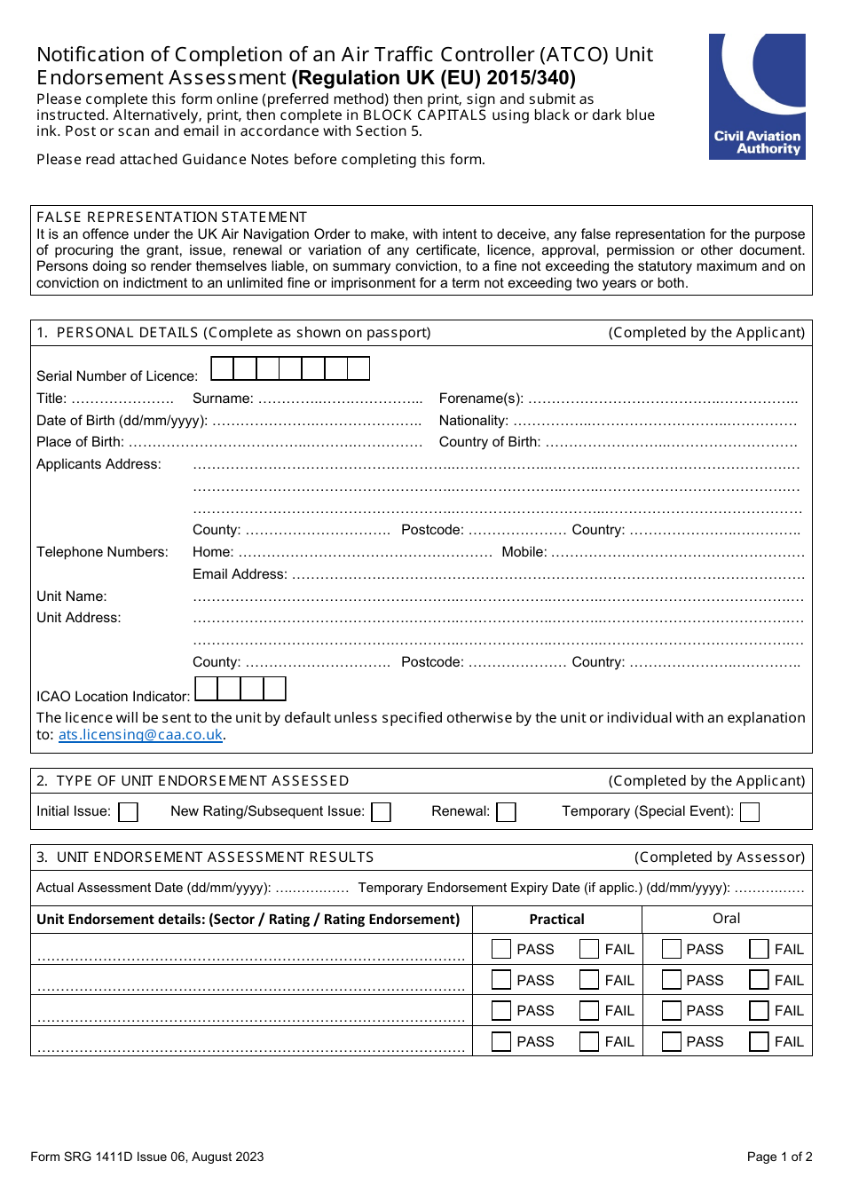 Form SRG1411D Notification of Completion of an Air Traffic Controller (Atco) Unit Endorsement Assessment (Regulation UK (Eu) 2015 / 340) - United Kingdom, Page 1