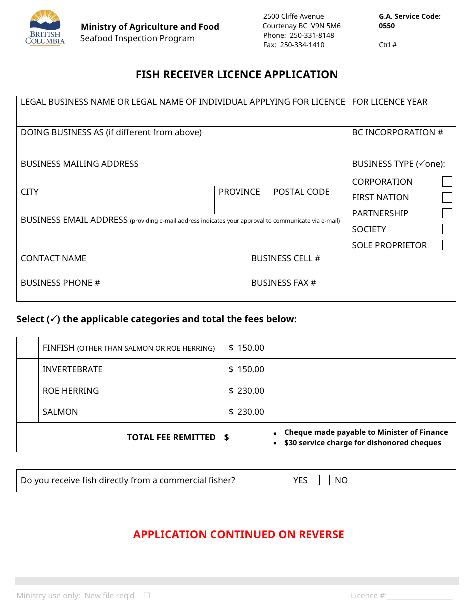 British Columbia Canada Fish Receiver Licence Application Seafood