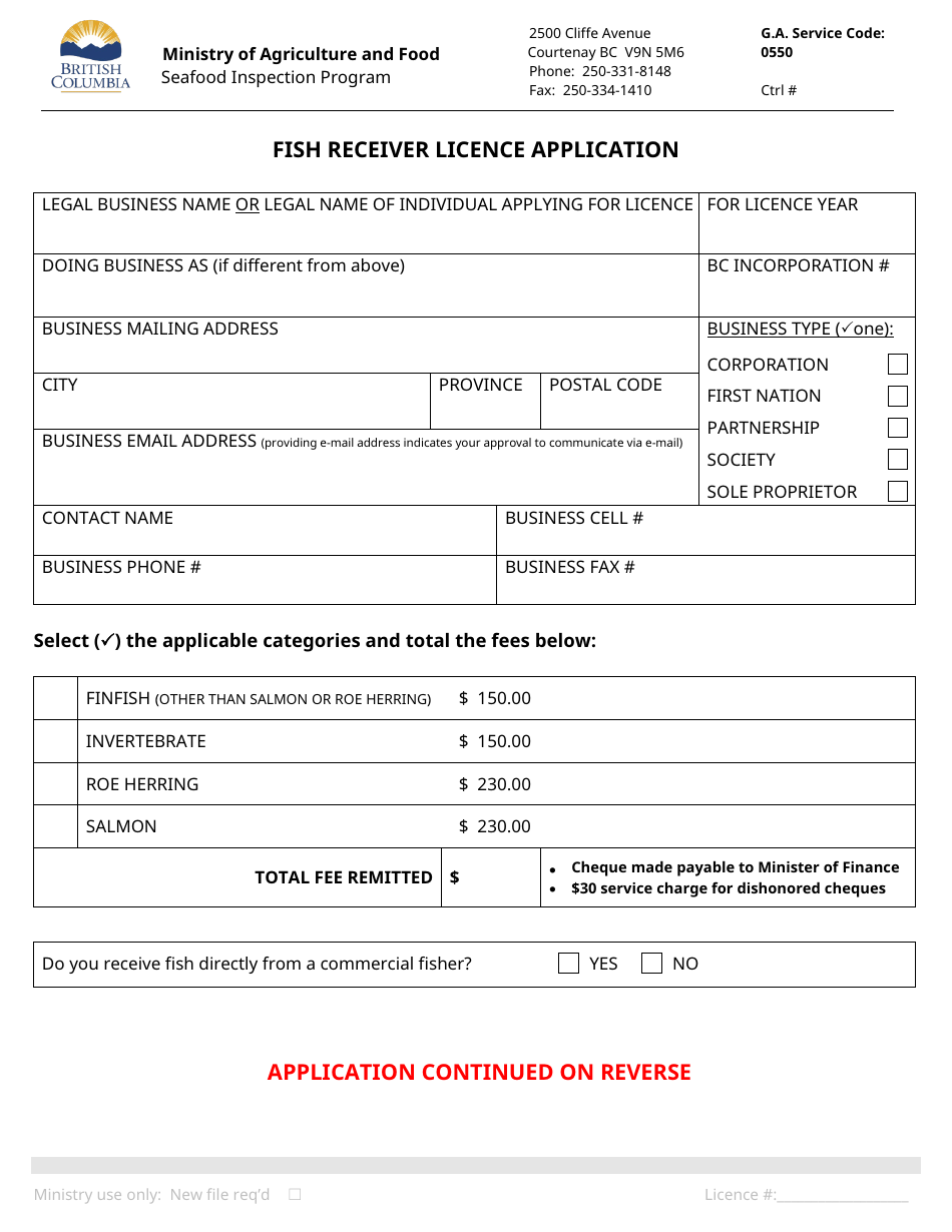 Fish Receiver Licence Application - Seafood Inspection Program - British Columbia, Canada, Page 1