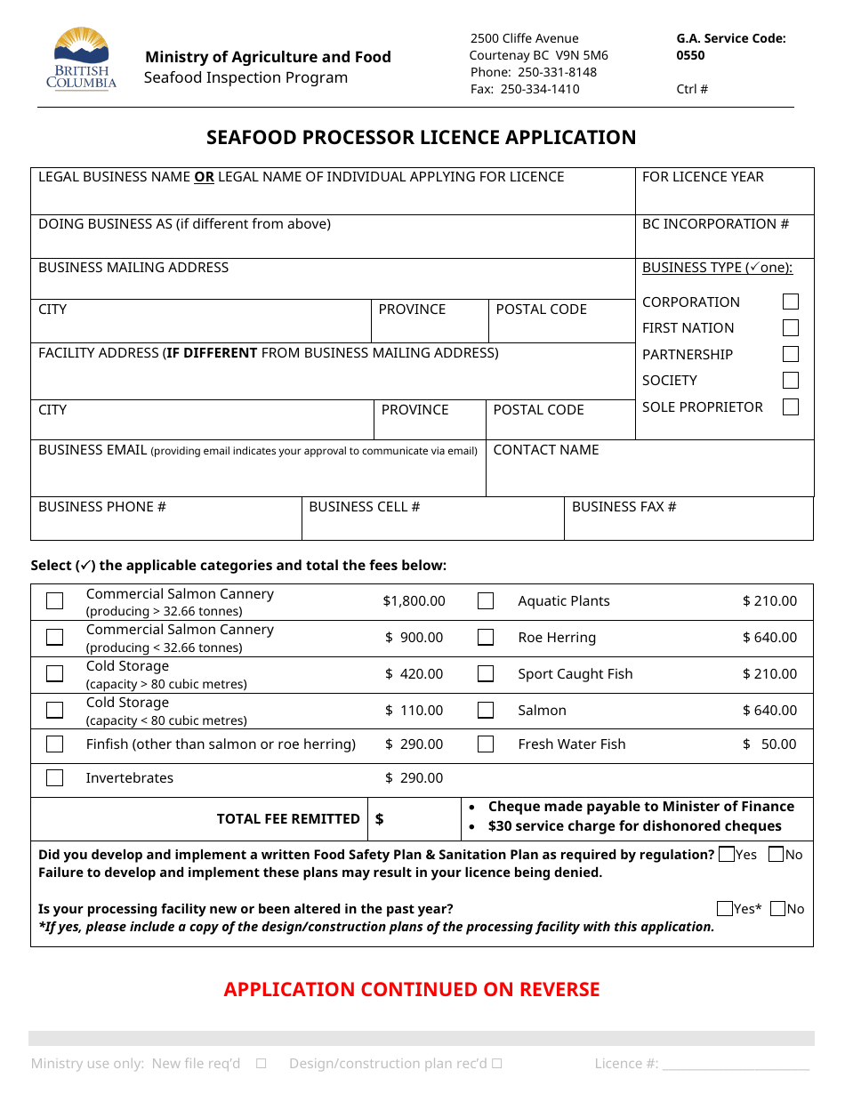 Seafood Processor Licence Application - Seafood Inspection Program - British Columbia, Canada, Page 1