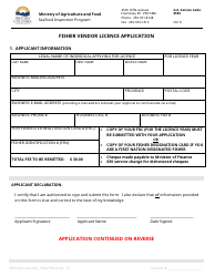 Document preview: Fisher Vendor Licence Application - Seafood Inspection Program - British Columbia, Canada