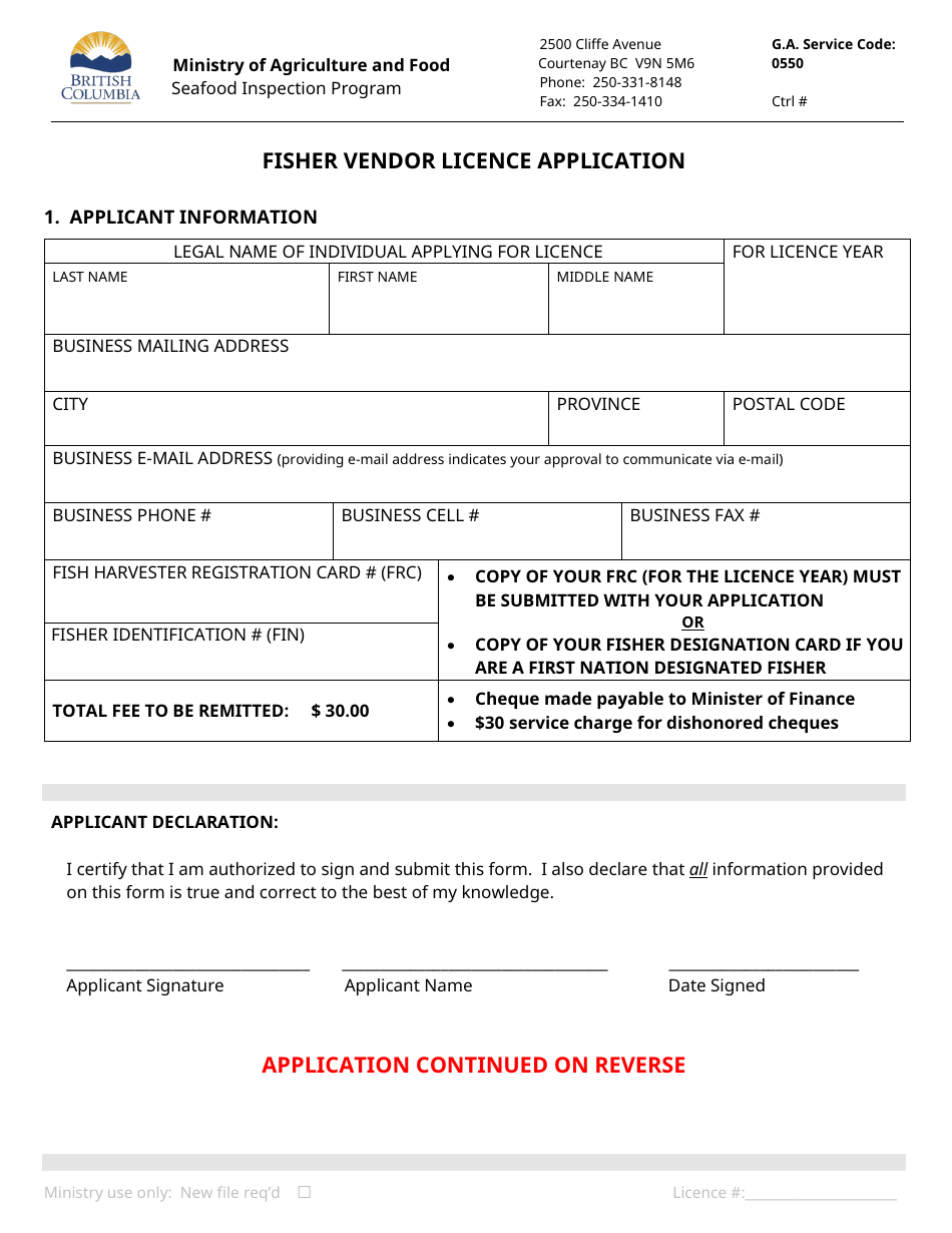 Fisher Vendor Licence Application - Seafood Inspection Program - British Columbia, Canada, Page 1