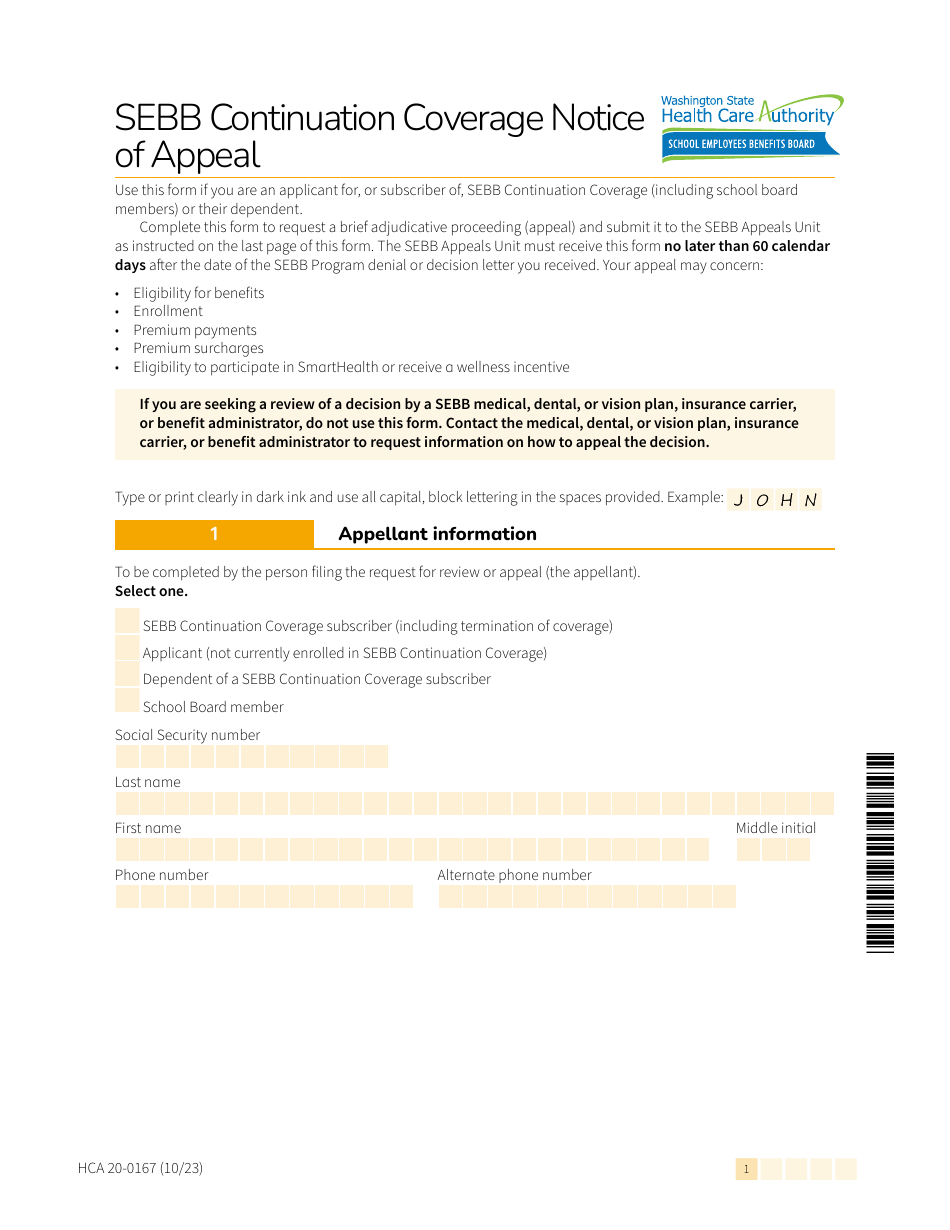 Form HCA20-0167 Sebb Continuation Coverage Notice of Appeal - Washington, Page 1