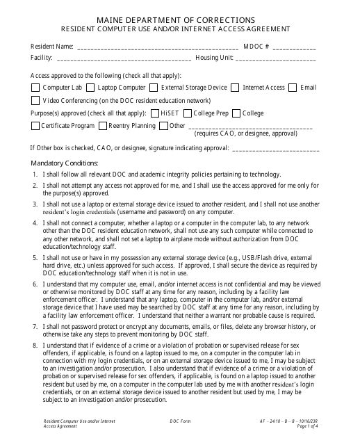 Attachment B Resident Computer Use and/or Internet Access Agreement - Maine