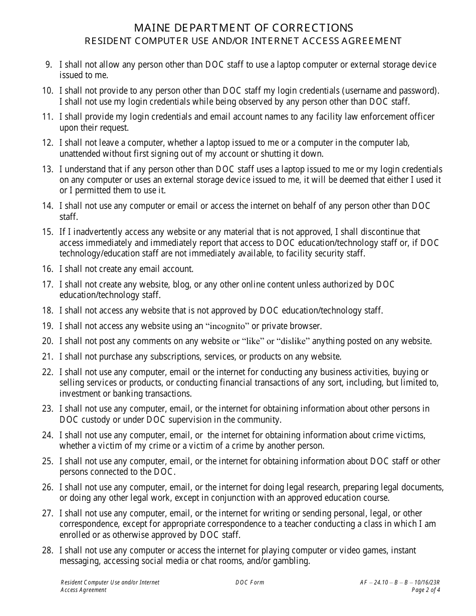 Attachment B Resident Computer Use and / or Internet Access Agreement - Maine, Page 2