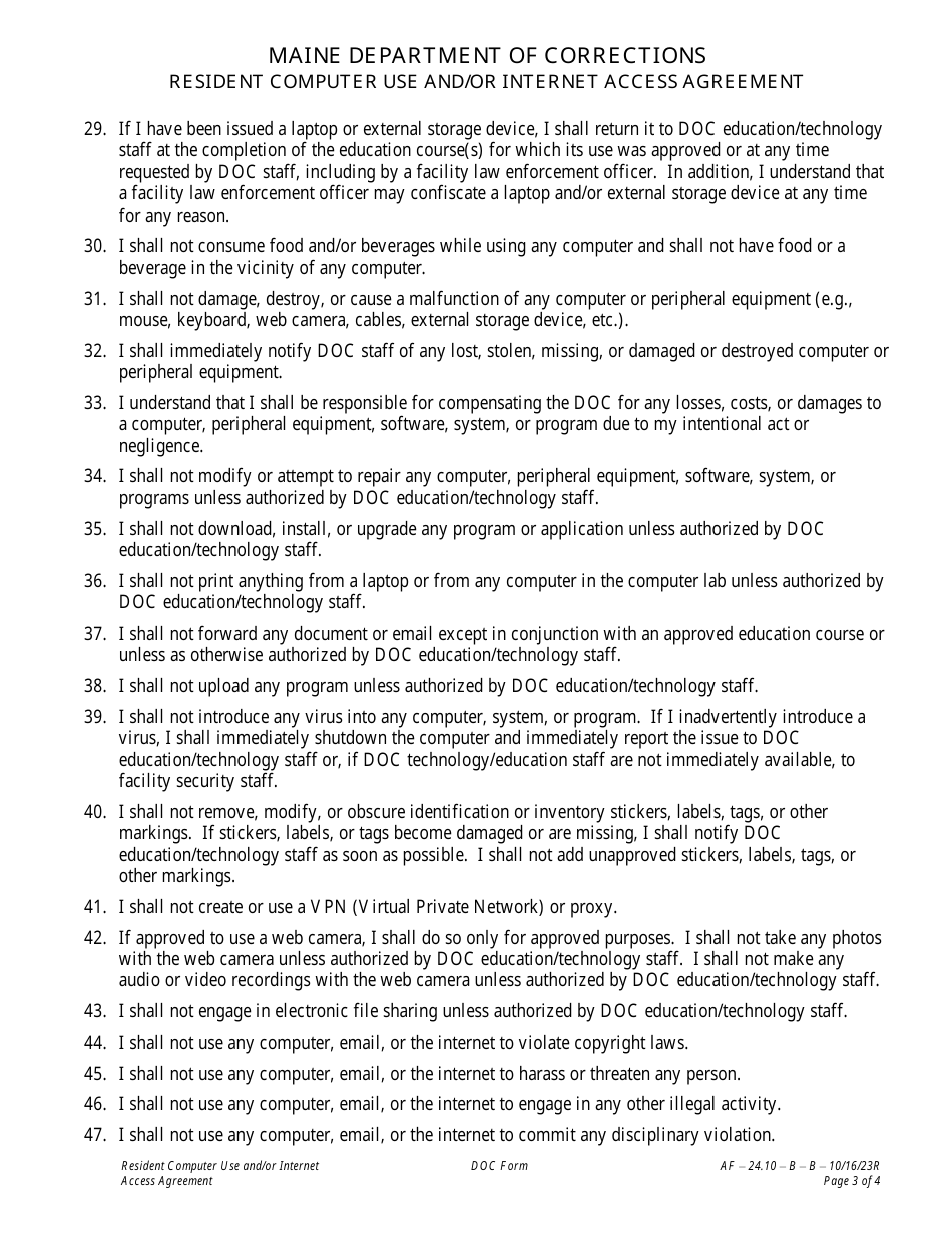 Attachment B Resident Computer Use and / or Internet Access Agreement - Maine, Page 3