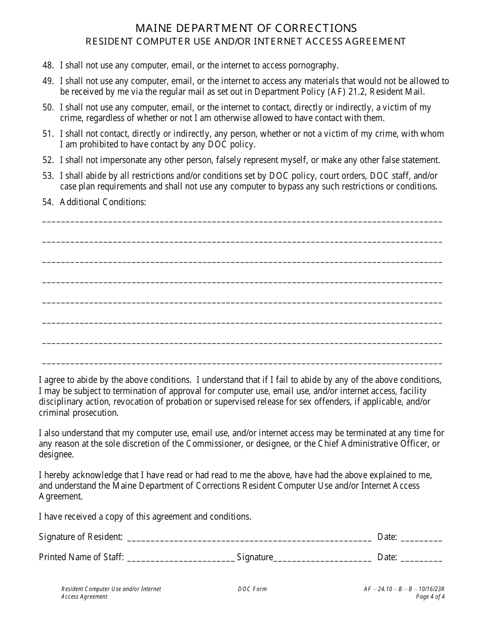 Attachment B Resident Computer Use and / or Internet Access Agreement - Maine, Page 4