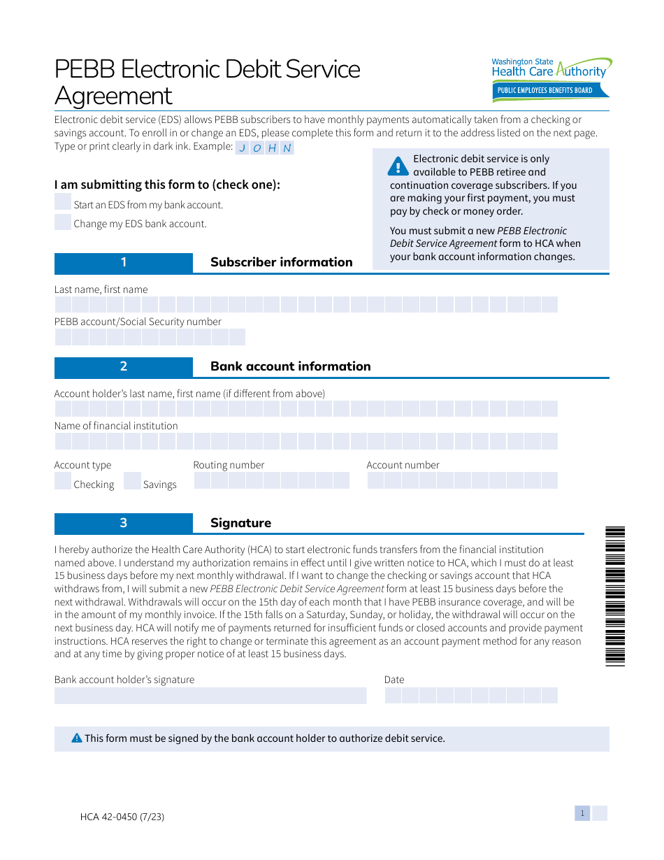 Form HCA42-0450 Pebb Electronic Debit Service Agreement - Washington, Page 1