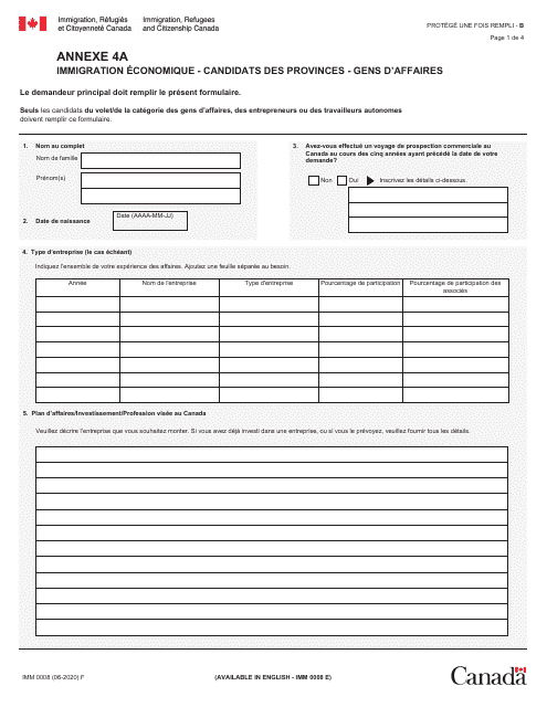 Forme IMM0008 Agenda 4A Immigration Economique - Candidats DES Provinces - Gens D'affaires - Canada (French)