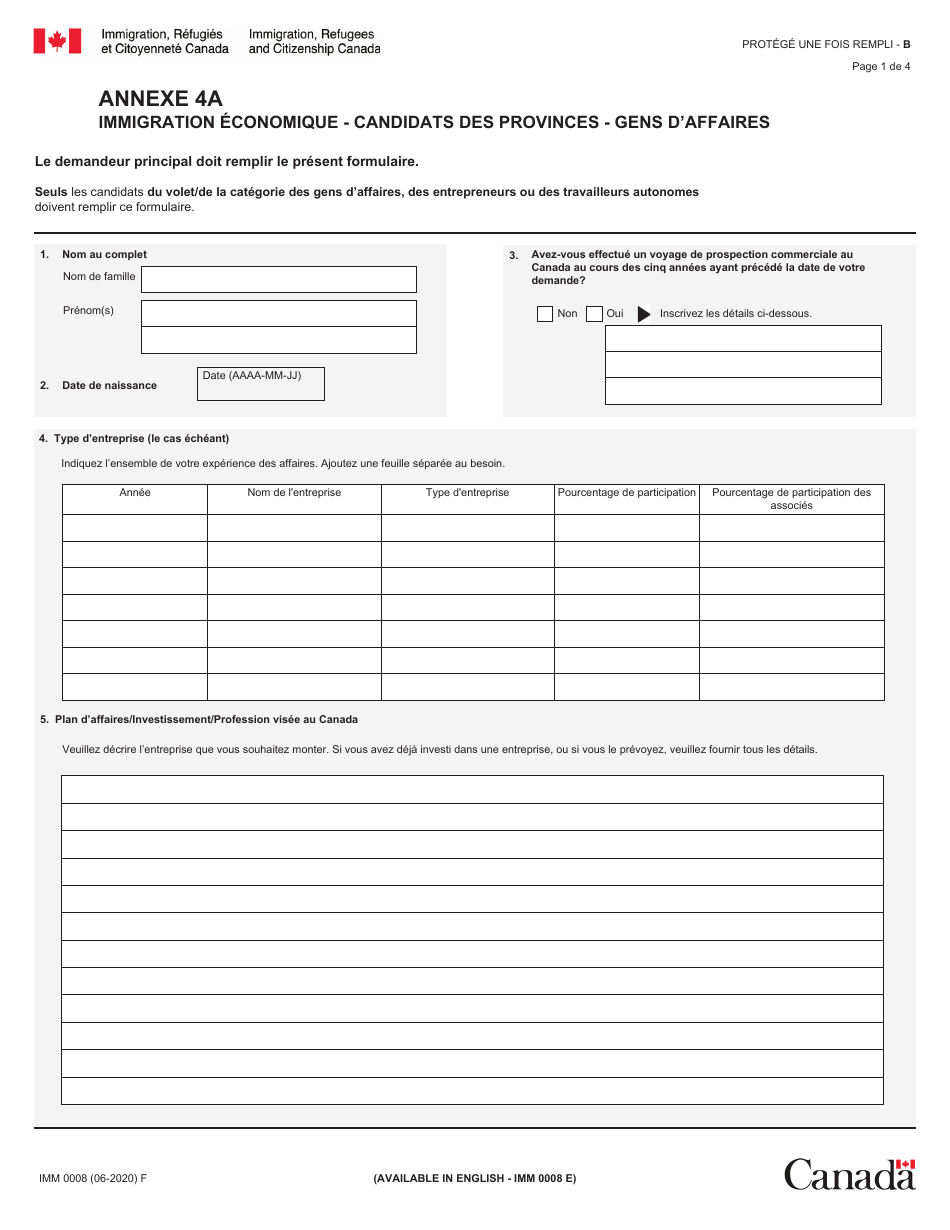 Forme IMM0008 Agenda 4A Immigration Economique - Candidats DES Provinces - Gens Daffaires - Canada (French), Page 1
