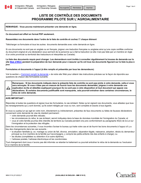Forme IMM0116 Liste De Controle DES Documents - Programme Pilote Sur L'agroalimentaire - Canada (French)