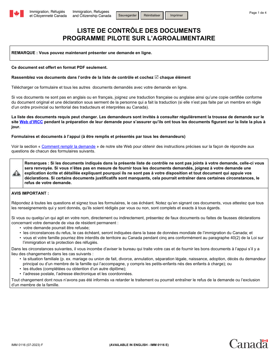 Forme IMM0116 Liste De Controle DES Documents - Programme Pilote Sur Lagroalimentaire - Canada (French), Page 1