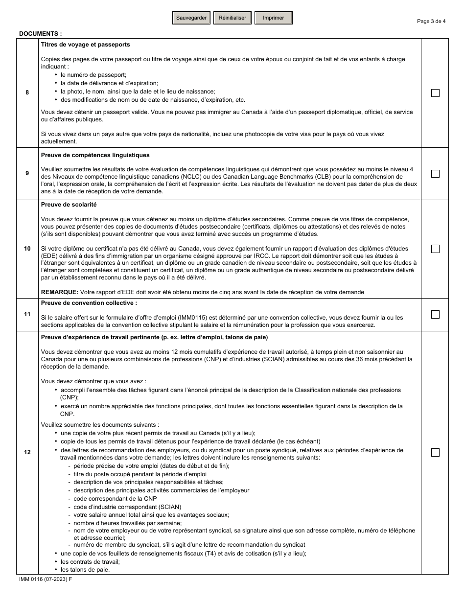 Forme IMM0116 Liste De Controle DES Documents - Programme Pilote Sur Lagroalimentaire - Canada (French), Page 3