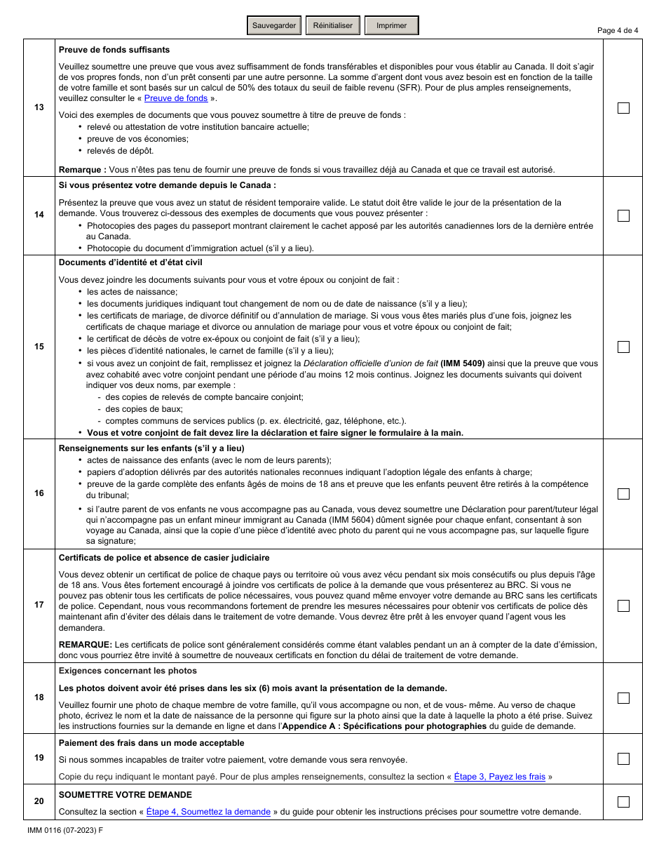 Forme IMM0116 Liste De Controle DES Documents - Programme Pilote Sur Lagroalimentaire - Canada (French), Page 4