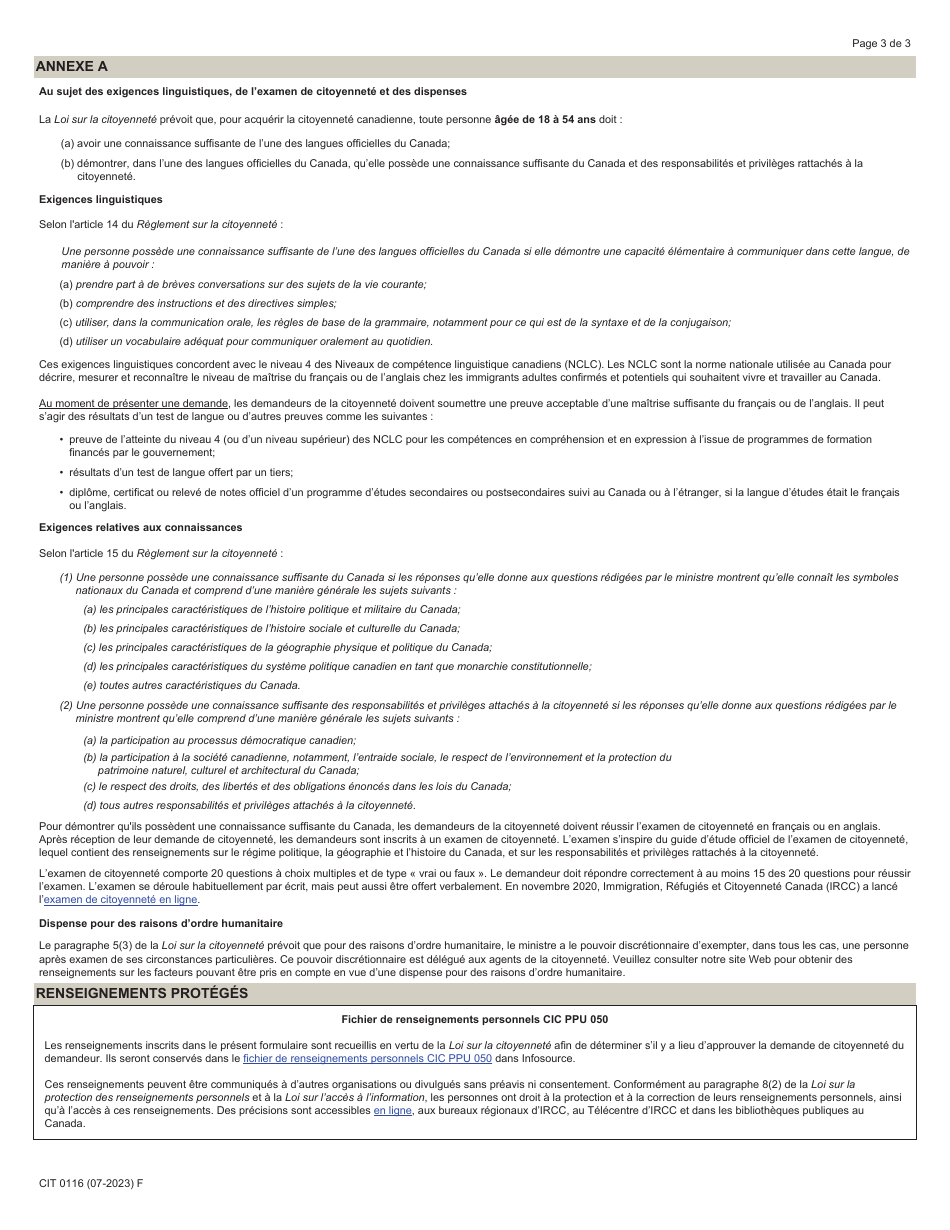 Forme CIT0116 Formulaire De Demande De Dispense (Demande Dexemption DES Exigences Linguistiques Et Relatives Aux Connaissances Aux Fins De Lacquisition De La Citoyennete) - Canada (French), Page 3