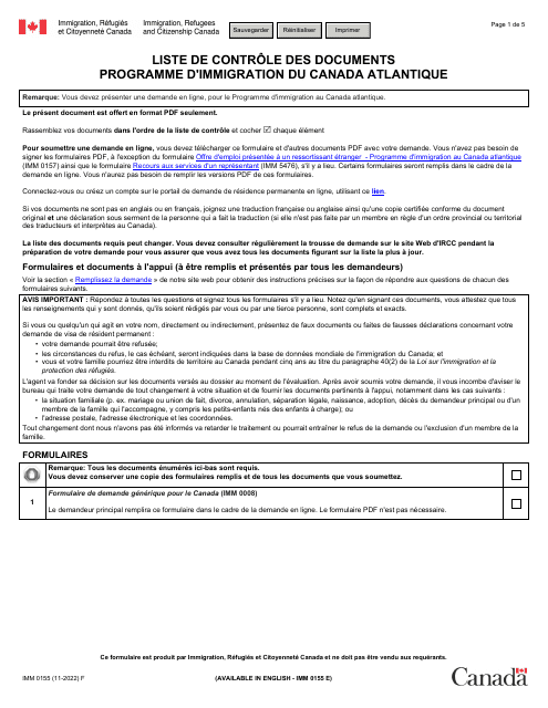Forme IMM0155 Liste De Controle DES Documents: Programme D'immigration Du Canada Atlantique - Canada (French)