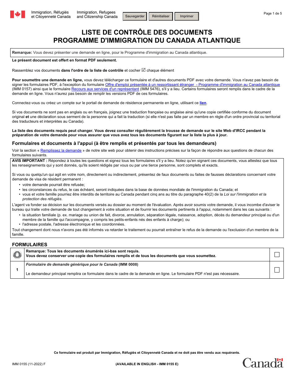 Forme IMM0155 Liste De Controle DES Documents: Programme Dimmigration Du Canada Atlantique - Canada (French), Page 1