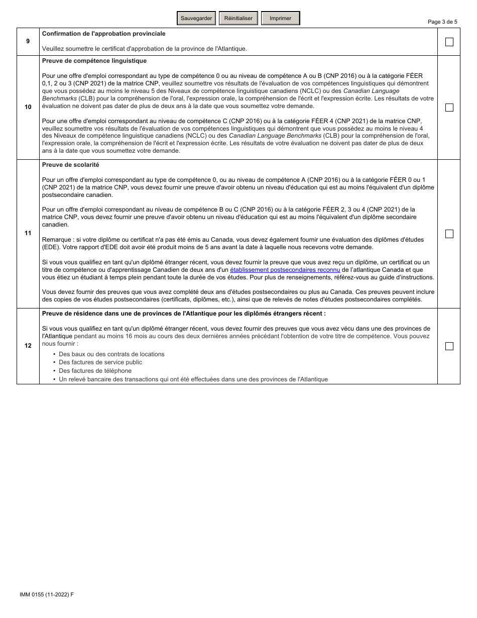 Forme IMM0155 Liste De Controle DES Documents: Programme Dimmigration Du Canada Atlantique - Canada (French), Page 3