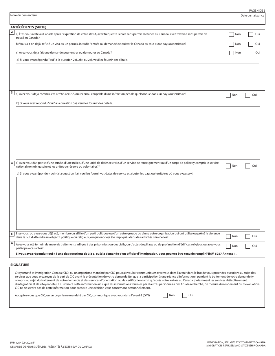 Forme IMM1294 Demande De Permis Detudes Presentee a Lexterieur Du Canada - Canada (French), Page 4