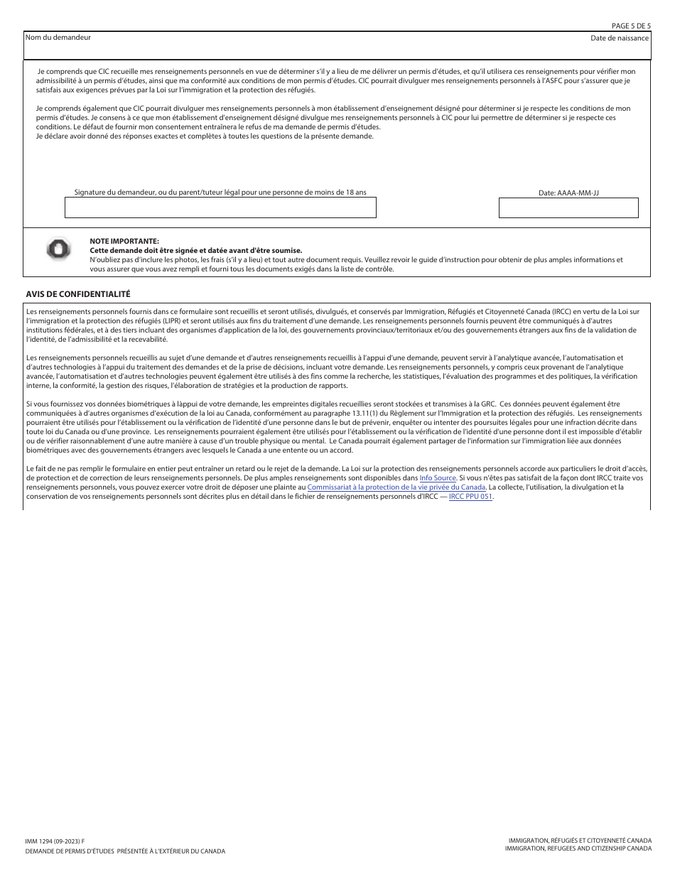 Forme IMM1294 Demande De Permis Detudes Presentee a Lexterieur Du Canada - Canada (French), Page 5