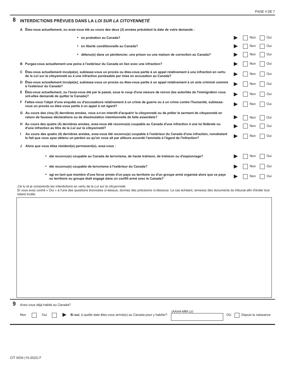 Forme CIT0534 Demande De Reintegration Dans La Citoyennete - Forces Armees Canadiennes - En Vertu Du Paragraphe 11(1) - Canada (French), Page 4