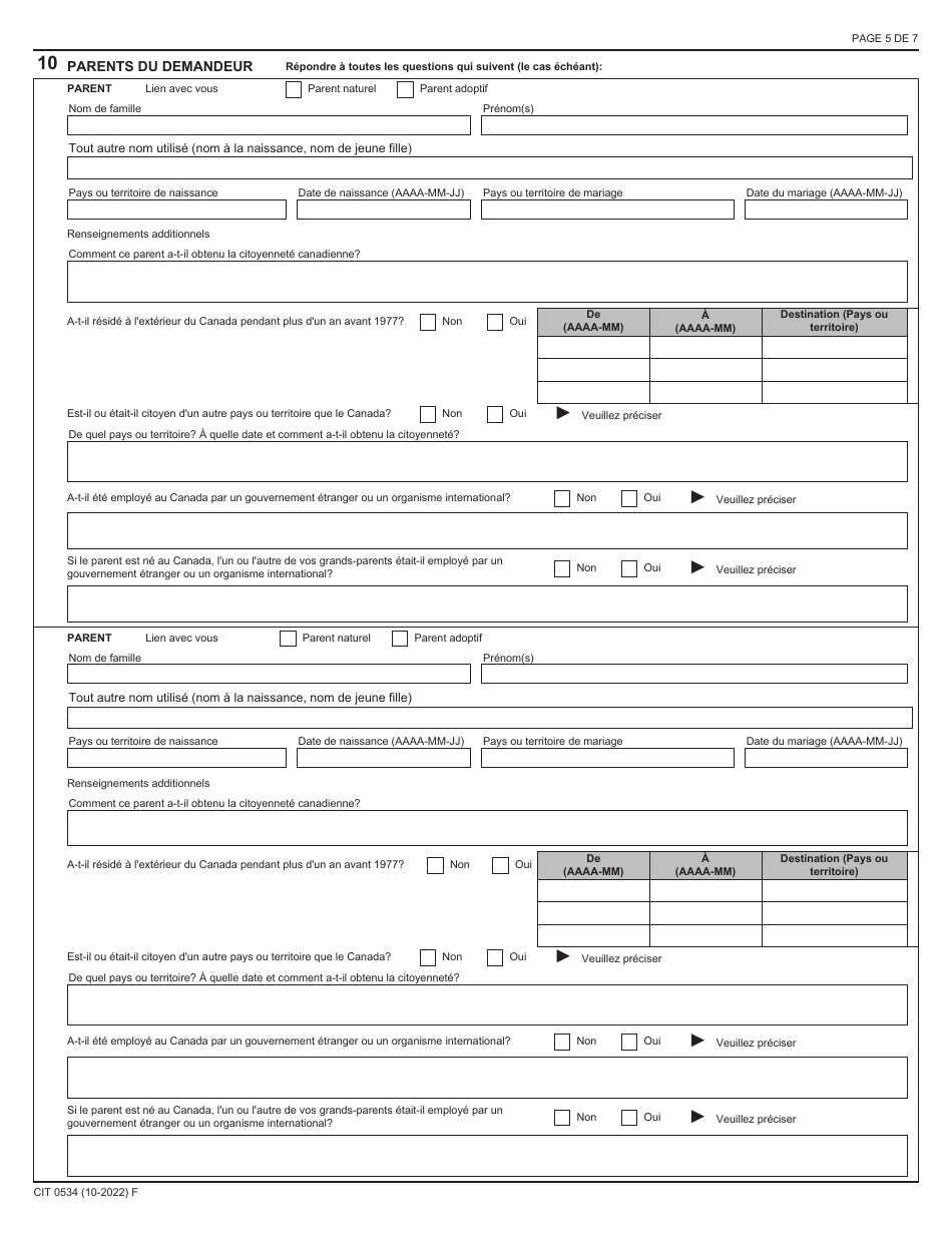 Forme CIT0534 Demande De Reintegration Dans La Citoyennete - Forces Armees Canadiennes - En Vertu Du Paragraphe 11(1) - Canada (French), Page 5