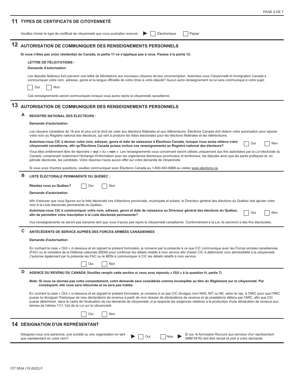 Forme CIT0534 Demande De Reintegration Dans La Citoyennete - Forces Armees Canadiennes - En Vertu Du Paragraphe 11(1) - Canada (French), Page 6