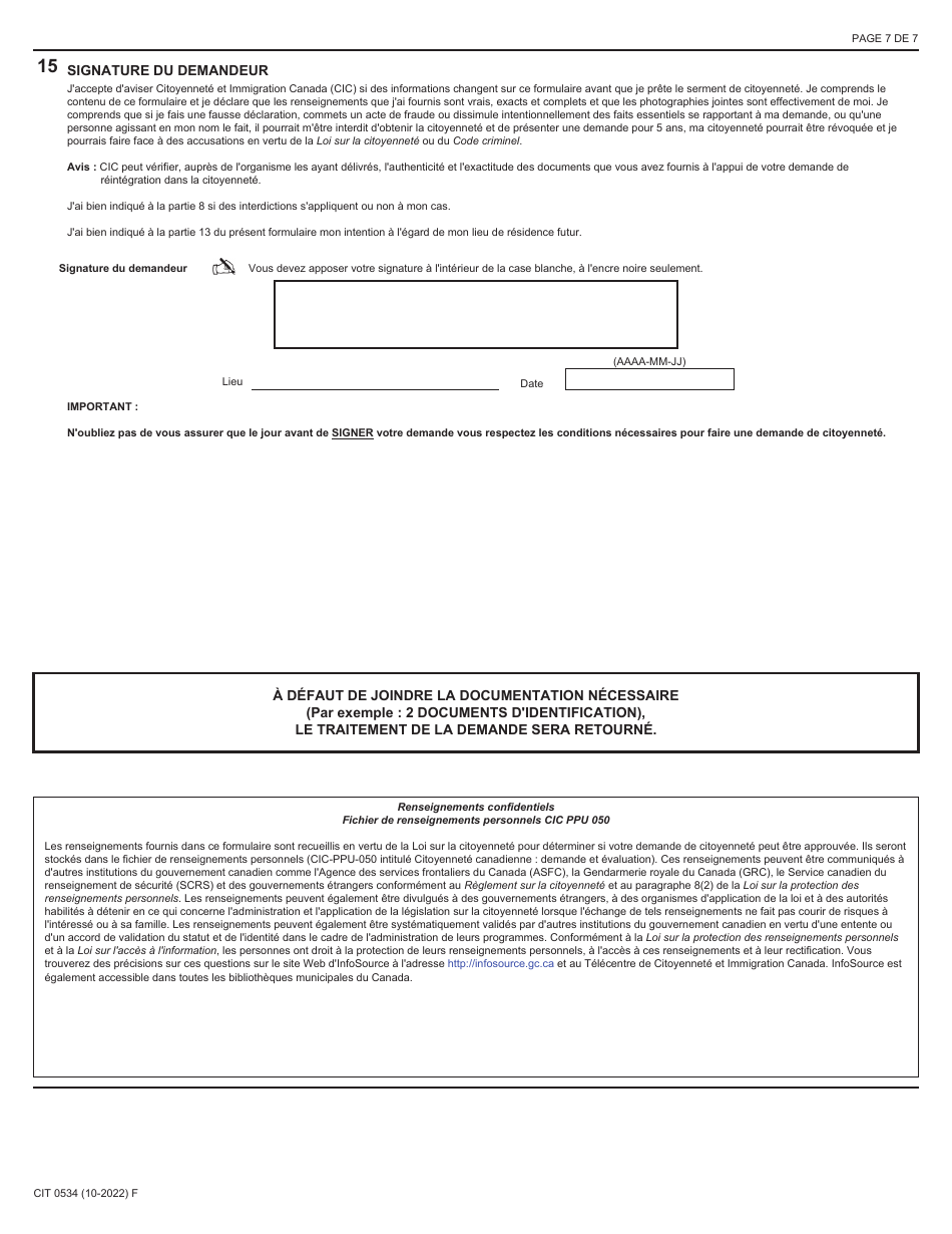Forme CIT0534 Demande De Reintegration Dans La Citoyennete - Forces Armees Canadiennes - En Vertu Du Paragraphe 11(1) - Canada (French), Page 7