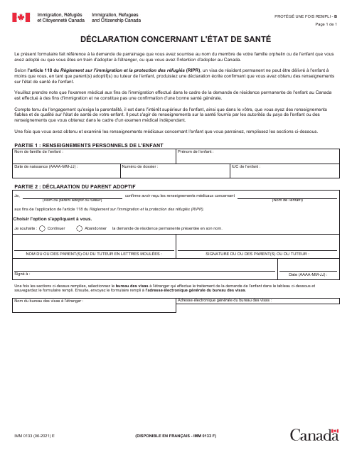 Forme IMM0133 Declaration Concernant L'etat De Sante - Canada (French)