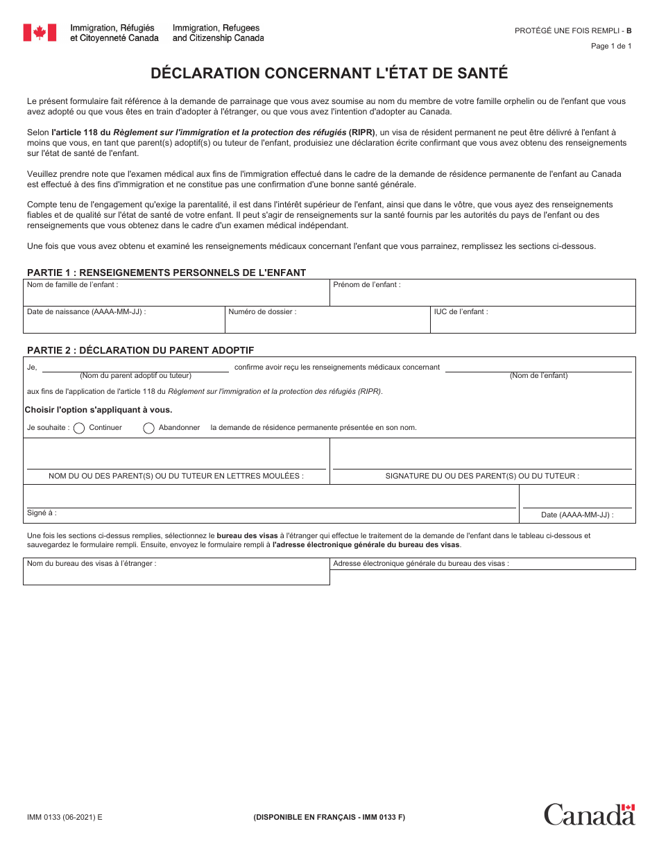 Forme IMM0133 Declaration Concernant Letat De Sante - Canada (French), Page 1