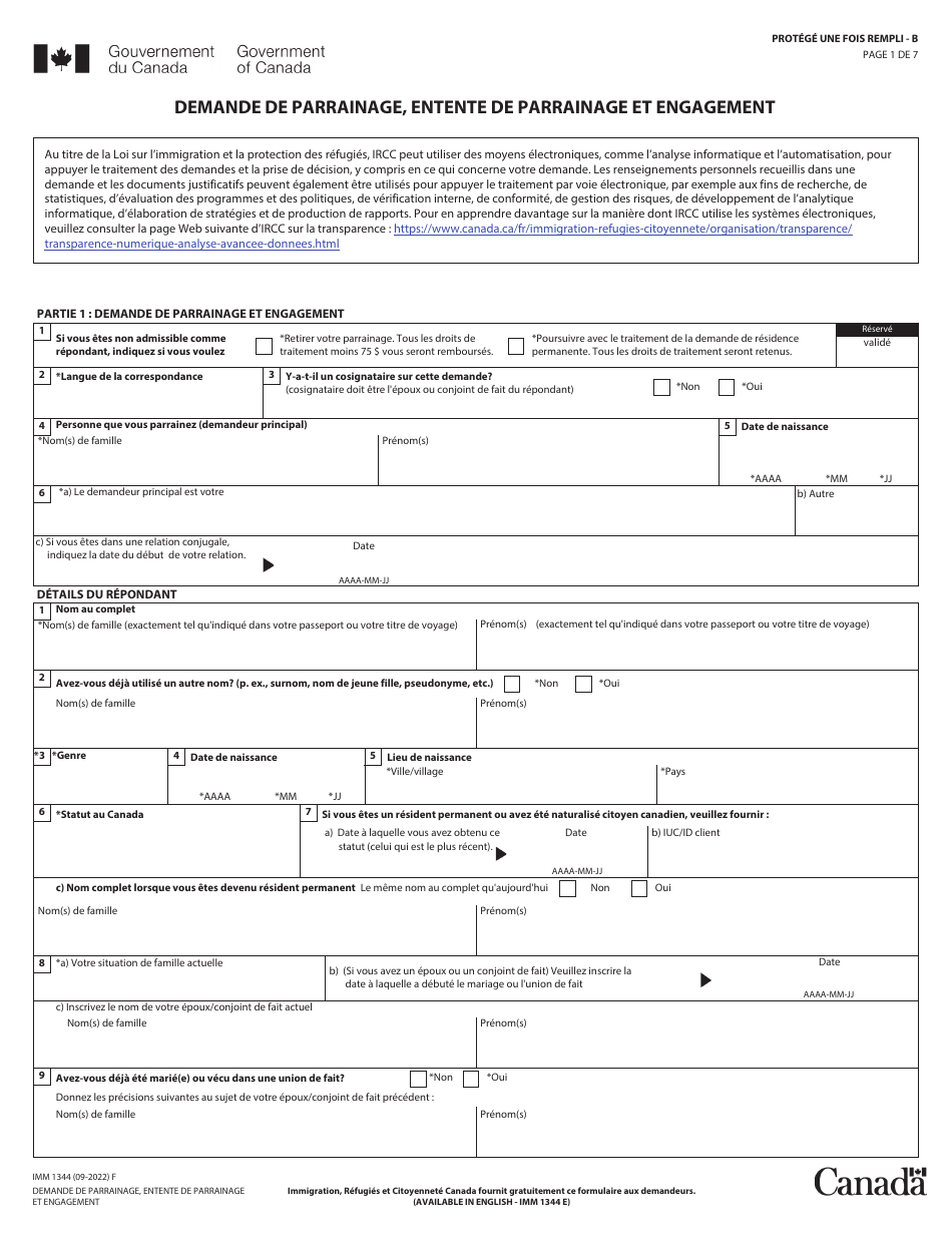 Forme IMM1344 Demande De Parrainage, Entente De Parrainage Et Engagement - Canada (French), Page 1