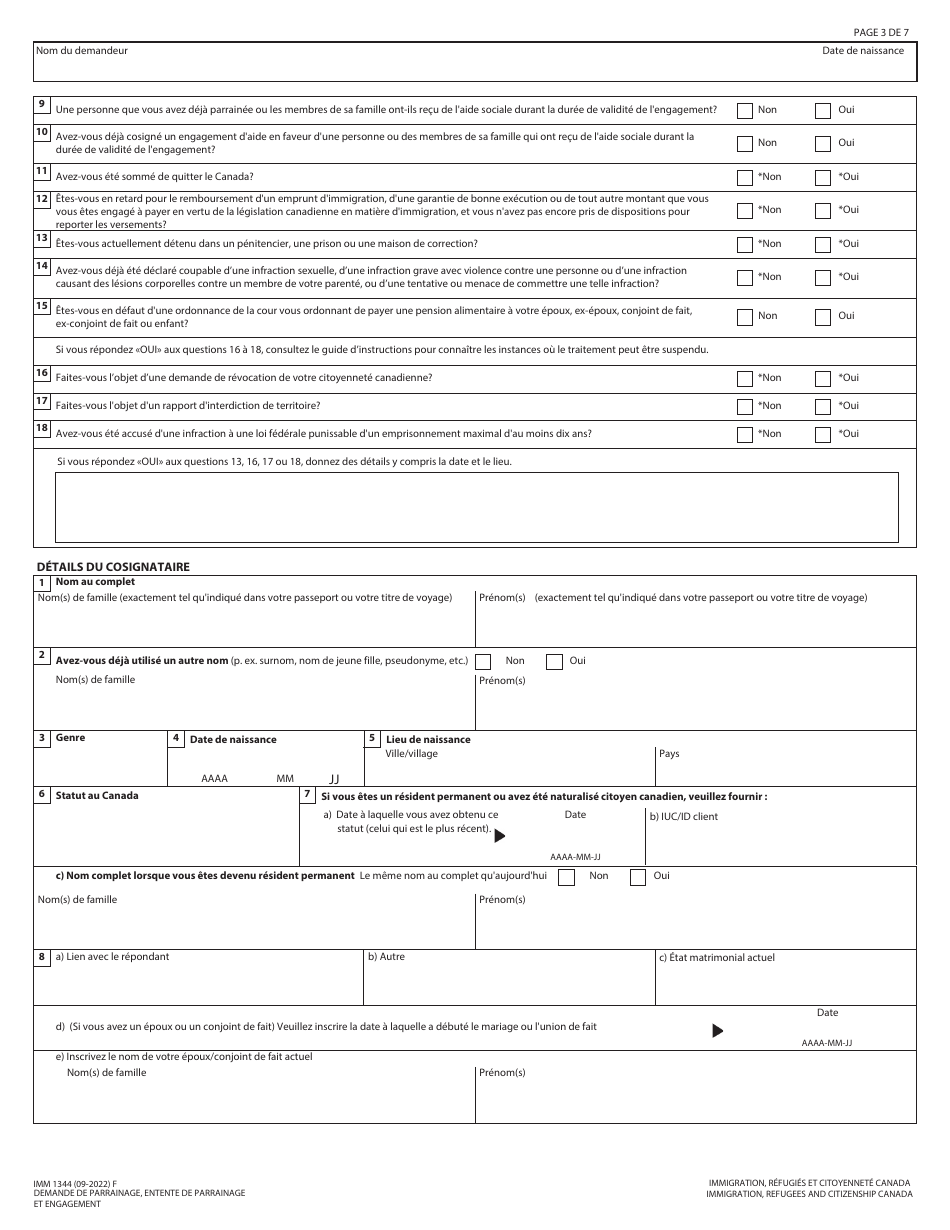 Forme IMM1344 Demande De Parrainage, Entente De Parrainage Et Engagement - Canada (French), Page 3