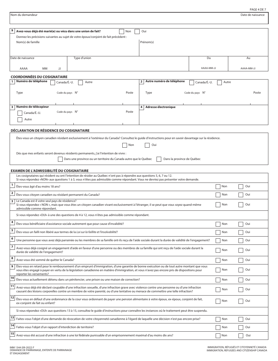 Forme IMM1344 Demande De Parrainage, Entente De Parrainage Et Engagement - Canada (French), Page 4