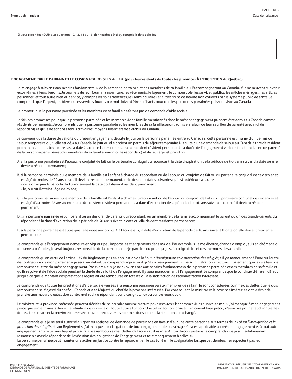 Forme IMM1344 Demande De Parrainage, Entente De Parrainage Et Engagement - Canada (French), Page 5