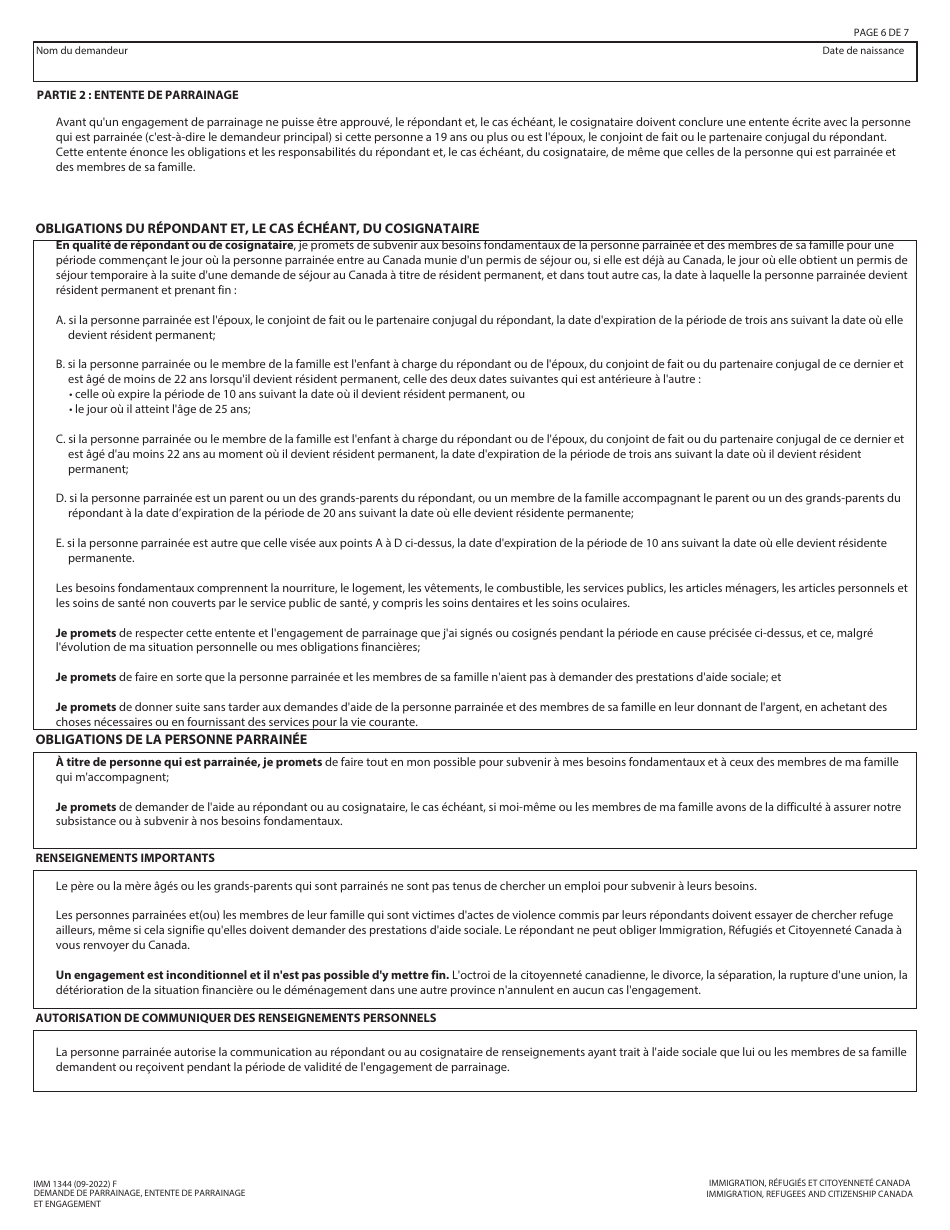 Forme IMM1344 Demande De Parrainage, Entente De Parrainage Et Engagement - Canada (French), Page 6