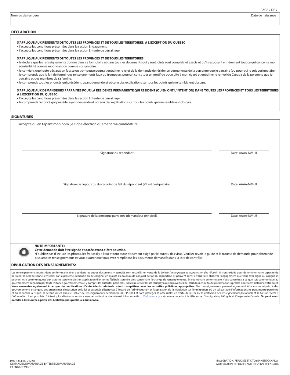 Forme IMM1344 Demande De Parrainage, Entente De Parrainage Et Engagement - Canada (French), Page 7
