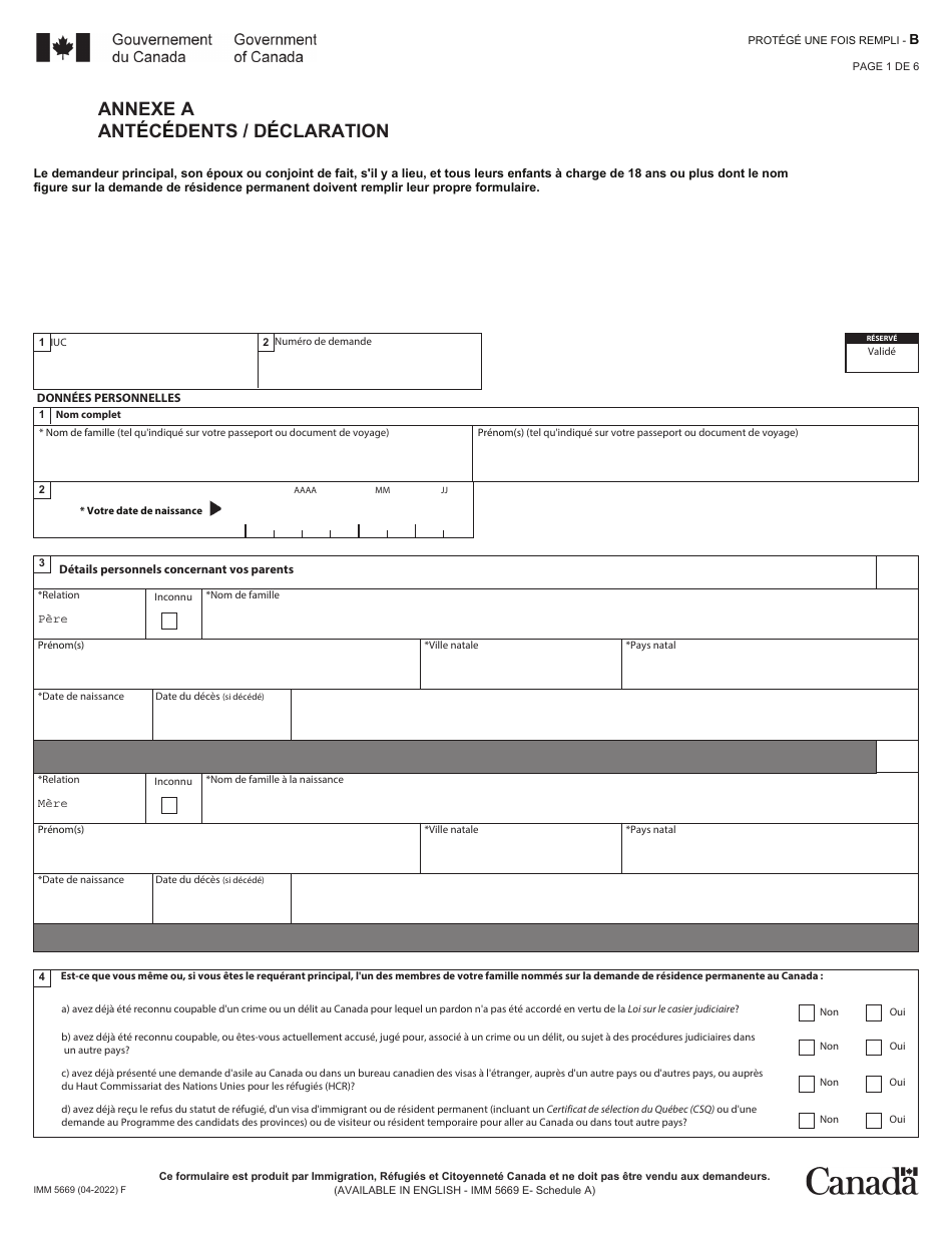 Forme IMM5669 Agenda A Antecedents / Declaration De Parrainage - Canada (French), Page 1