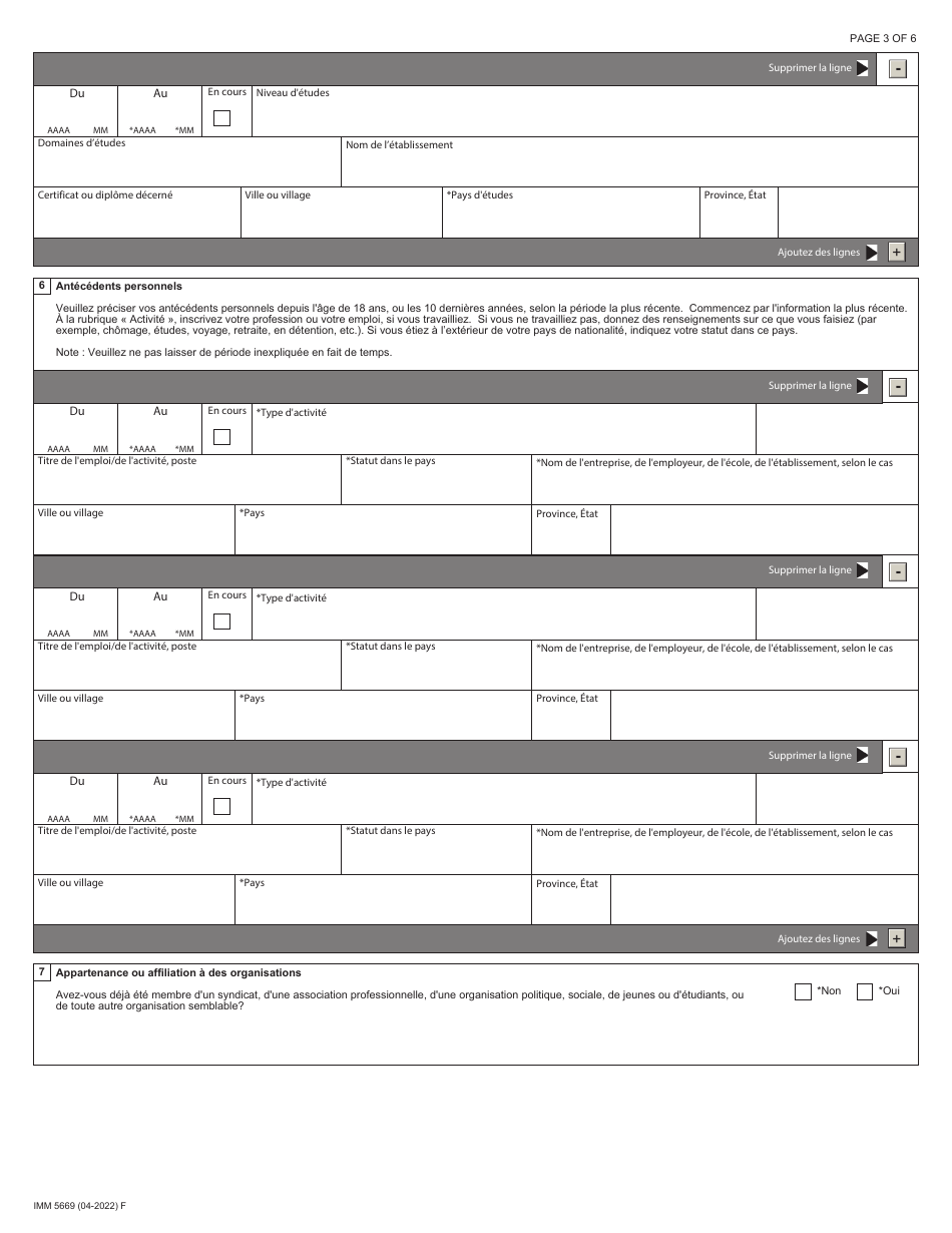Forme IMM5669 Agenda A Antecedents / Declaration De Parrainage - Canada (French), Page 3