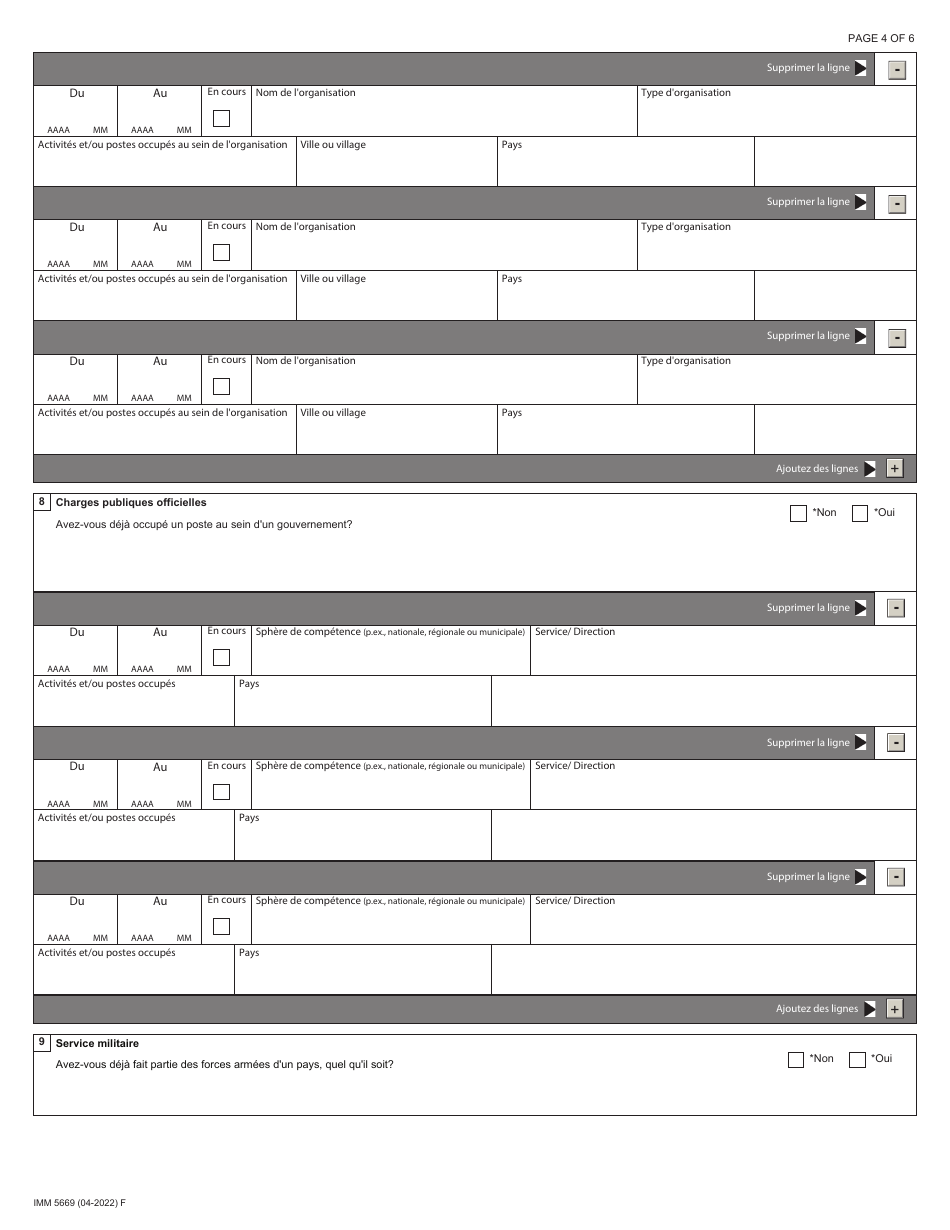 Forme IMM5669 Agenda A Antecedents / Declaration De Parrainage - Canada (French), Page 4