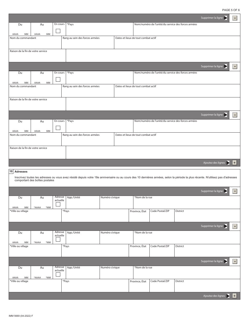 Forme IMM5669 Agenda A Antecedents / Declaration De Parrainage - Canada (French), Page 5