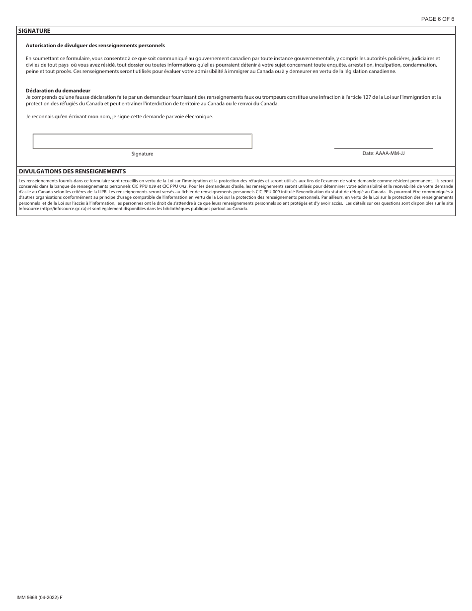 Forme IMM5669 Agenda A Antecedents / Declaration De Parrainage - Canada (French), Page 6