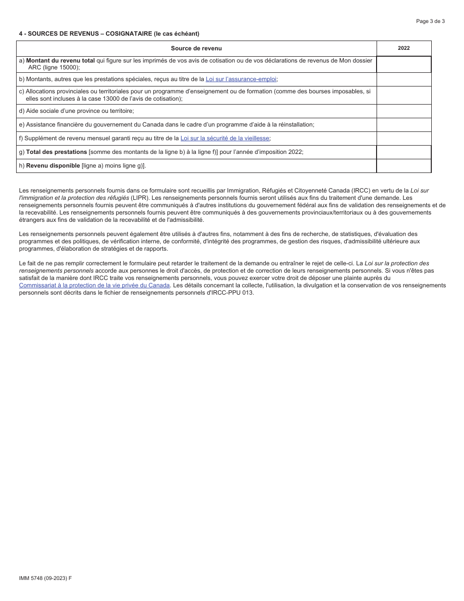 Forme IMM5748 Sources De Revenu Pour Le Parrainage De Parents Et Grands-Parents - Canada (French), Page 3