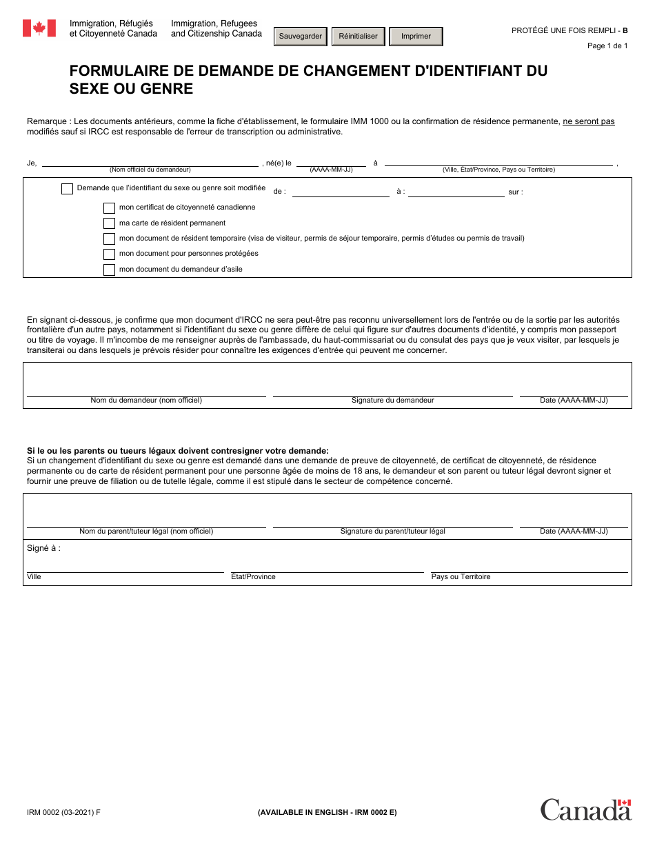 Forme IRM0002 Formulaire De Demande De Changement Didentifiant Du Sexe Ou Genre - Canada (French), Page 1